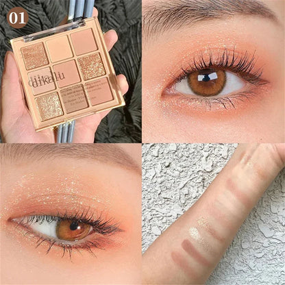 9-Color Glitter Eyeshadow Palette – Long-Lasting Korean Makeup