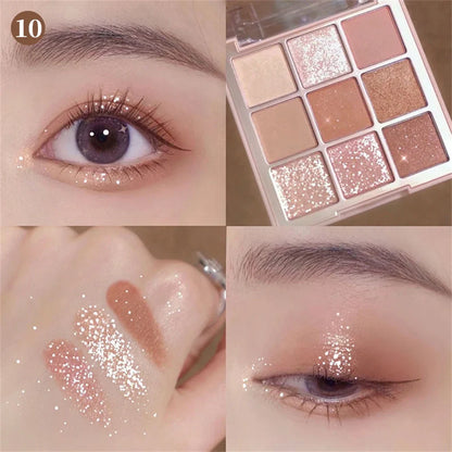 9-Color Glitter Eyeshadow Palette – Long-Lasting Korean Makeup